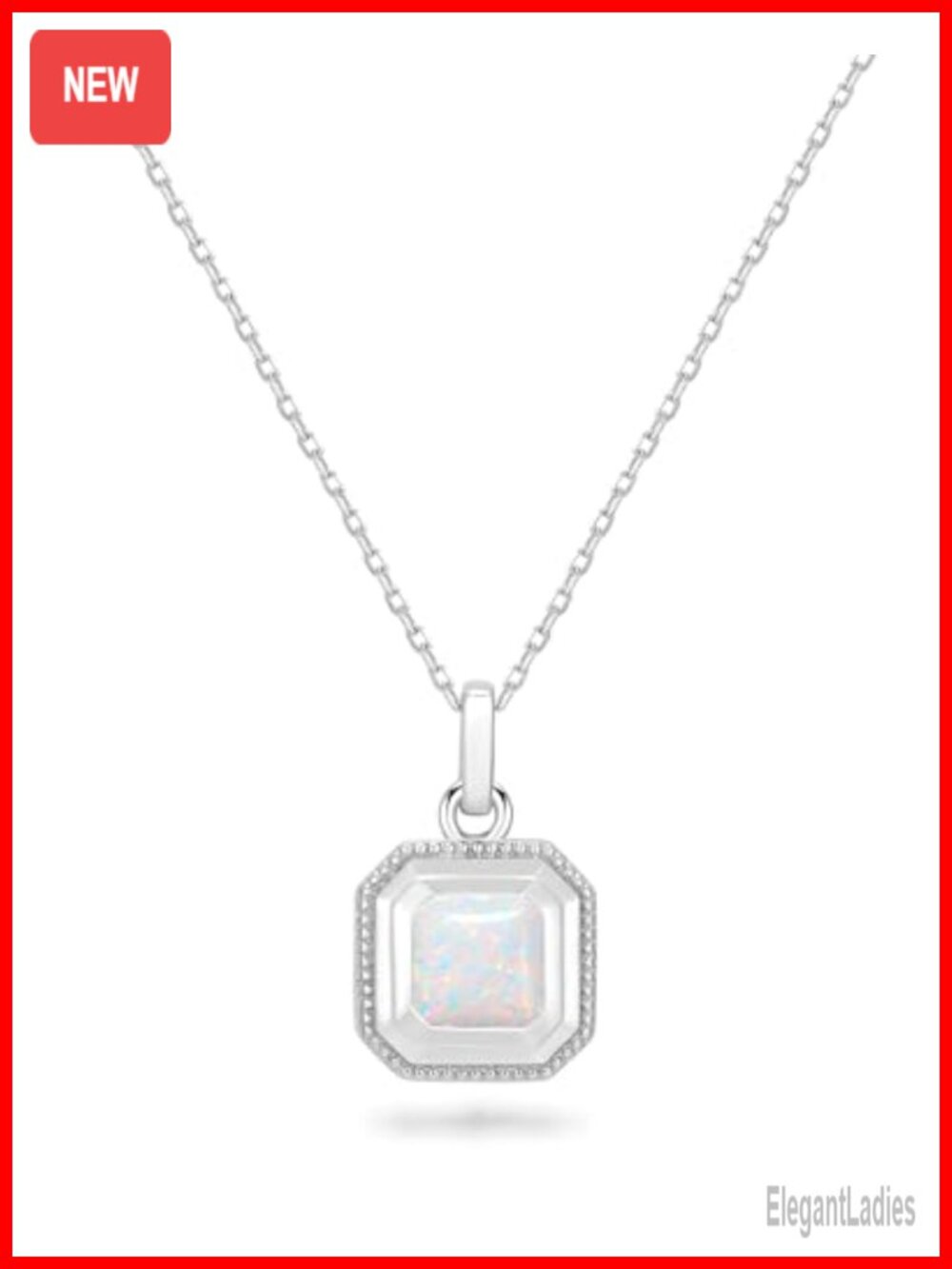 14K Solid Gold White Opal Square Pendant Necklace 16"+2" Adjustable